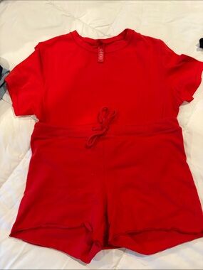 Skims Red Two-Piece Lounge Set - Short Sleeve Top & Drawstring Shorts